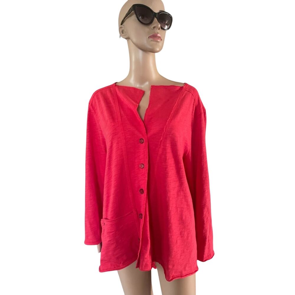 Habitat Cardigan Button Blouse Womens XXL Coral Peruvian Cotton Pebble Roll Edge
